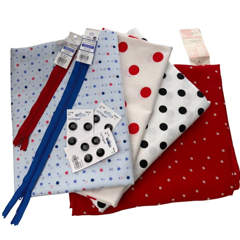 Vintage Retro Sewing‎ Bundle -4 Polkadot Fabric - 2 Zippers - 3 Button Red Blue